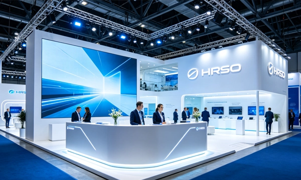LED front desk display at exhibition trade show booth showcasing products with vibrant visual content