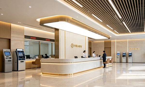 LED service counter display in bank lobby showing queue information and financial product promotions