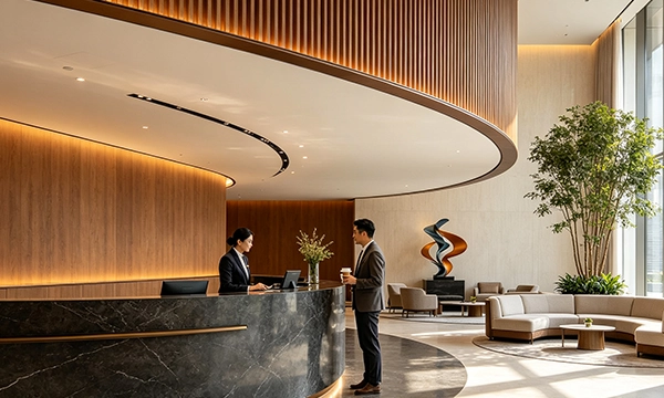 LED front desk display installed at luxury hotel lobby reception counter for VIP welcome messaging