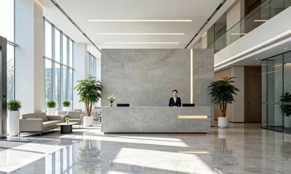 Curved LED reception display in corporate office lobby showing company branding and visitor welcome screen