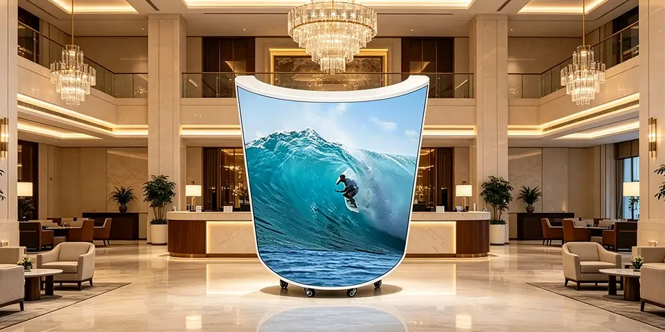 Curved LED front desk display installed in luxury hotel lobby reception counter showing welcome branding