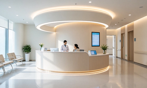 LED display screen at hospital reception counter showing health notices and queue information