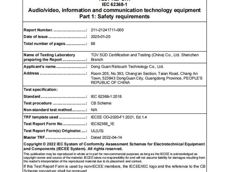 Riotouch IFP CB certificate Saudi Arabia