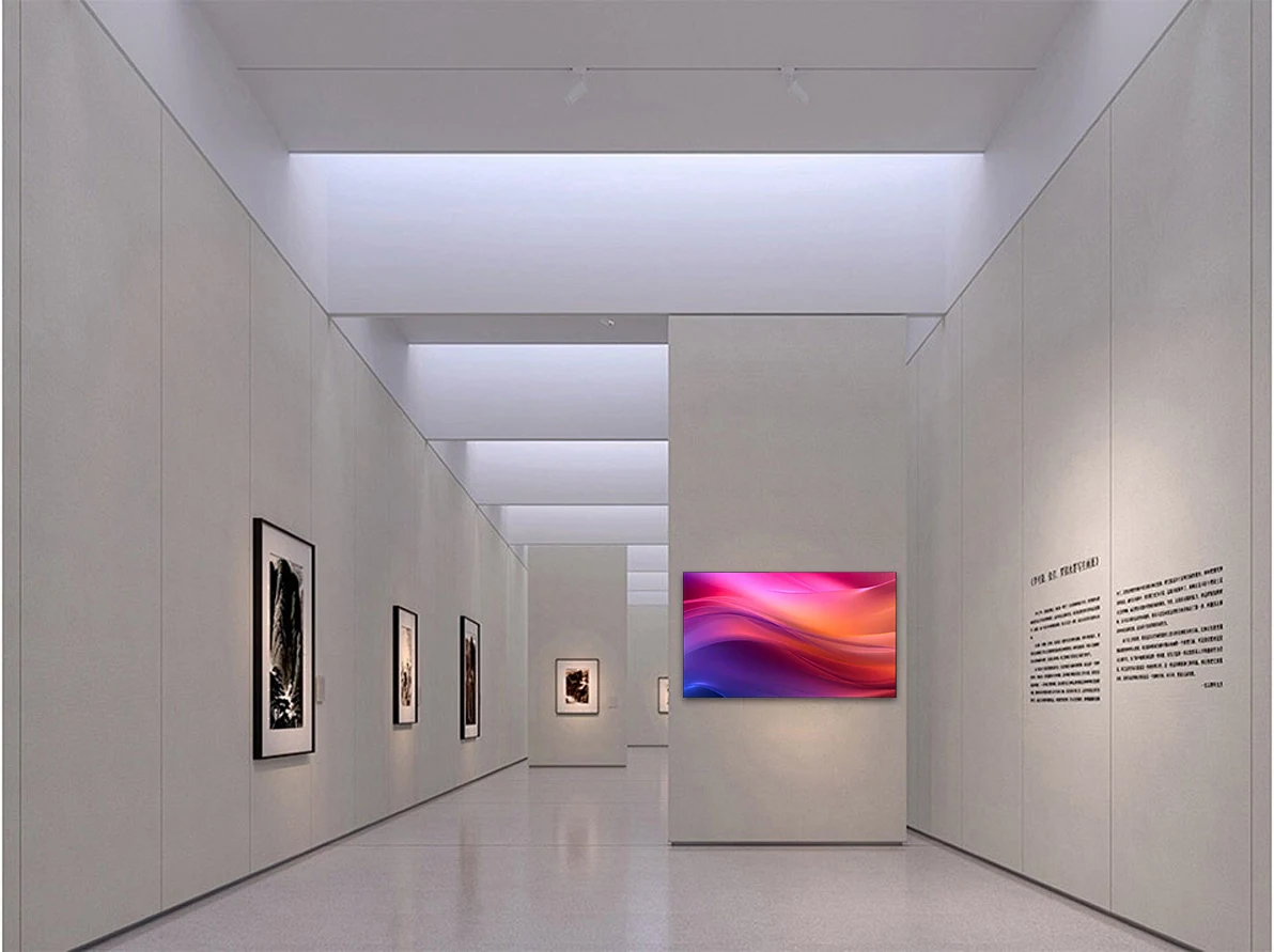 55-inch COB LED display in a gallery showroom, showing wide viewing angle and high contrast