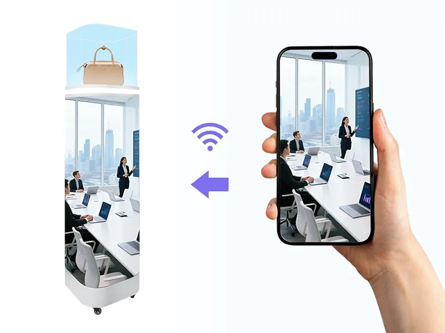 Updating curved indoor LED display stand content wirelessly from a mobile APP