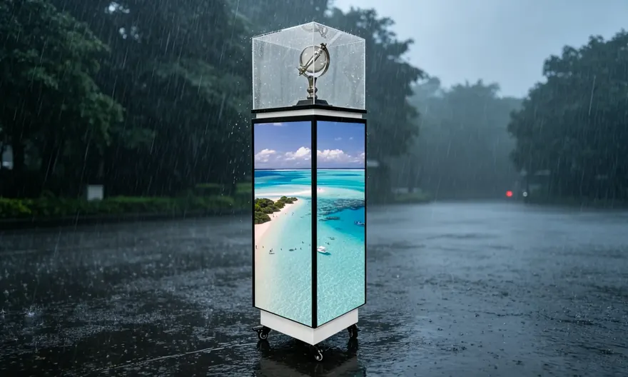 GOB coated indoor LED display stand staying lit through rain — waterproof and anti-collision surface