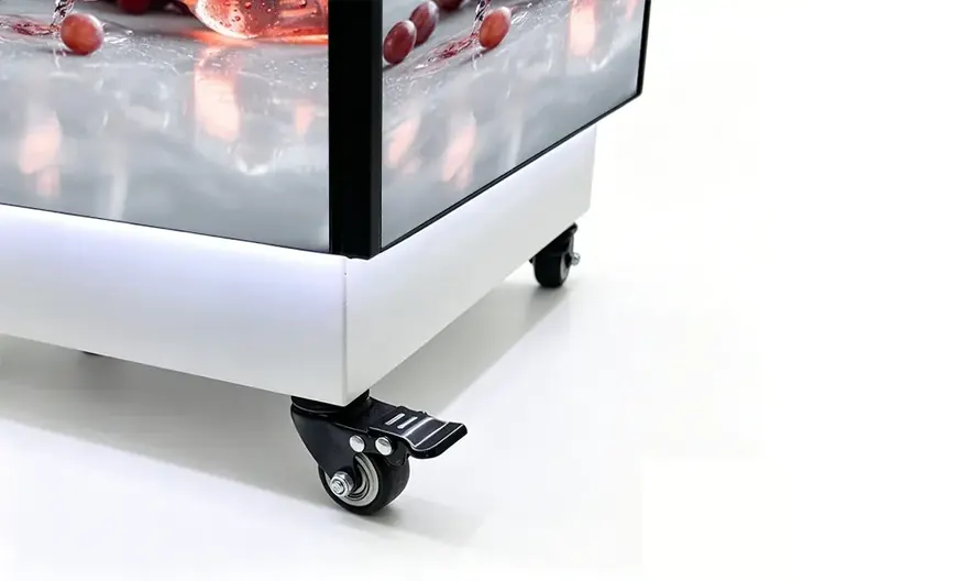 Lockable pulley wheels on the indoor LED product display stand