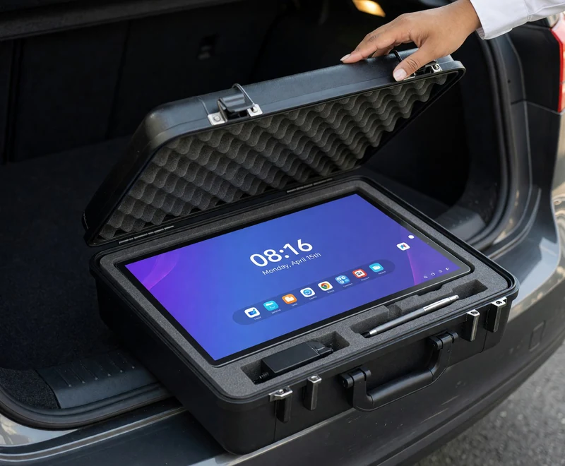 TeacherDock panel, stand and battery pack packed in the padded carry case inside a car boot