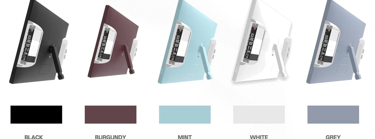 Five standard TeacherDock finishes: black, burgundy, mint, white and grey