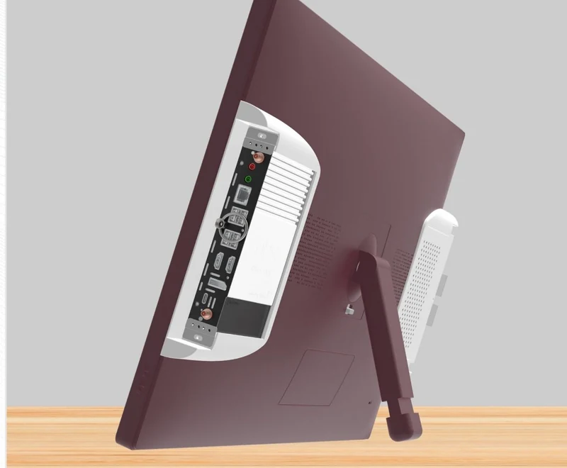 Riotouch TeacherDock 27-inch classroom podium display on a desk, with an 80-pin OPS computing slot