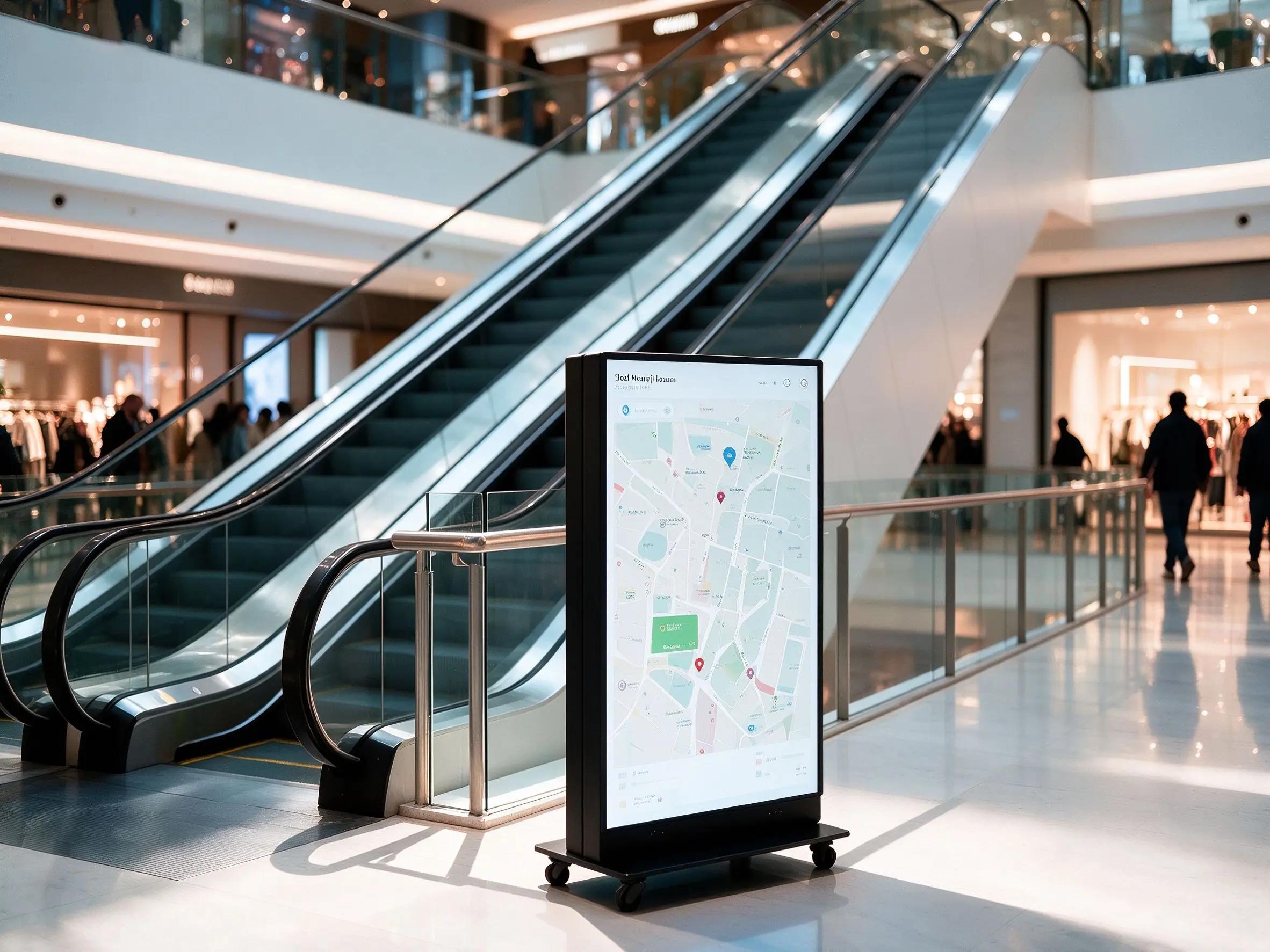 Double-sided LED poster at a mall walkway crossing