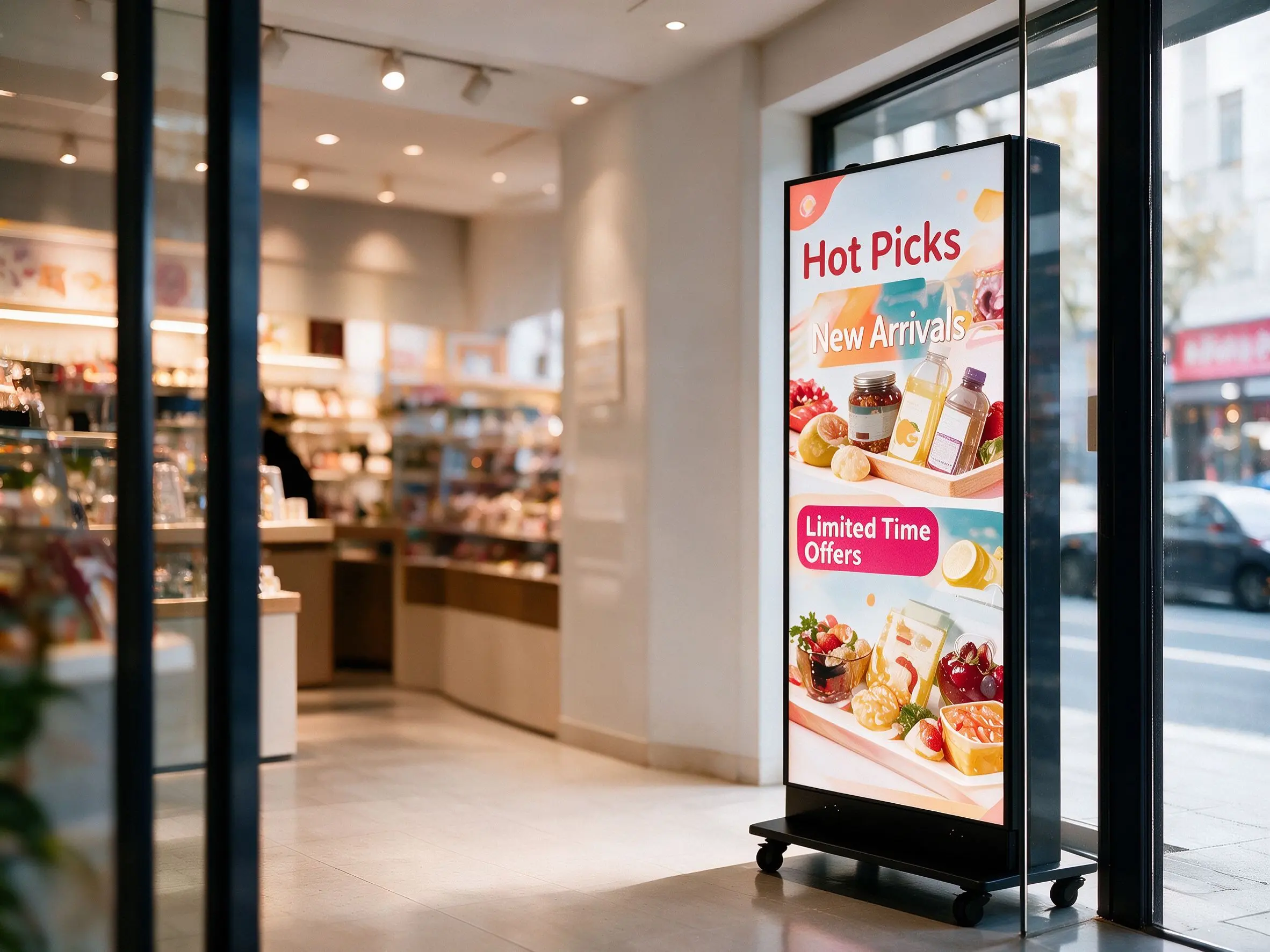 Double-sided LED poster at a storefront window and counter