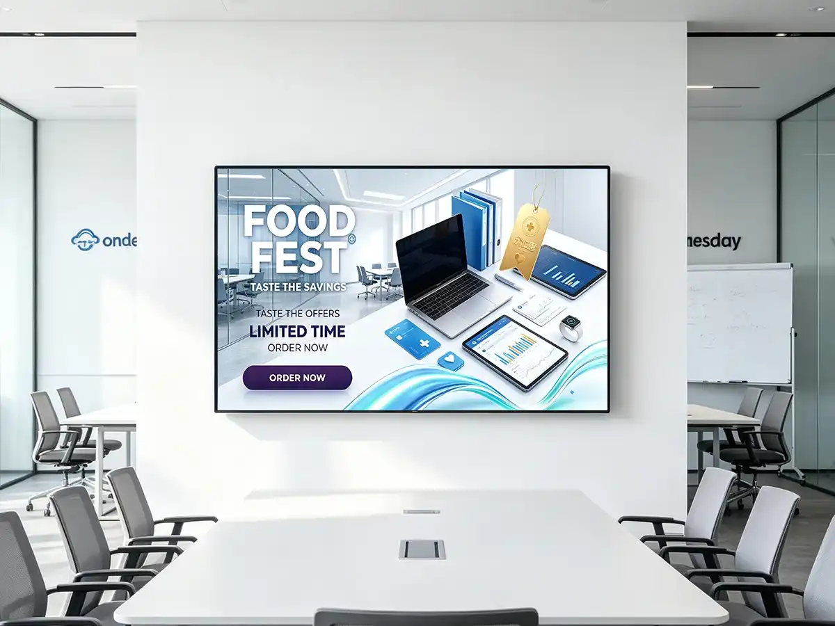 Wall mounted digital signage for corporate hotel lobby welcome screen