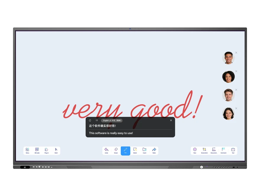 AI real-time translation display on interactive whiteboard with multi-language subtitles