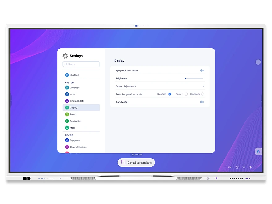 DaisyOS display settings interface — eye-care mode, brightness, color temperature, dark mode, language