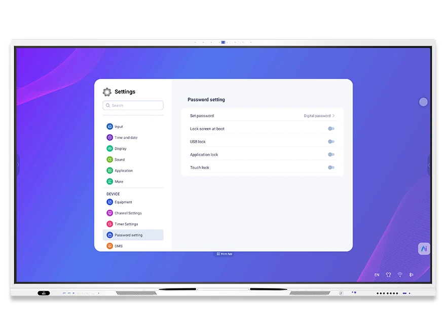 DaisyOS security settings — password, USB lock, app lock, touch lock, password authentication panel