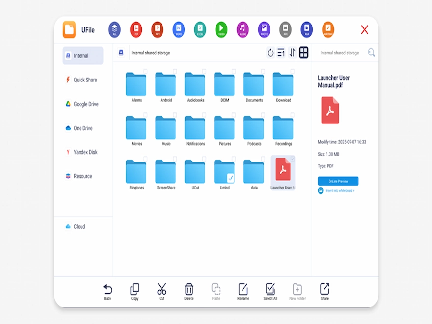 UFile file classification browse — all formats, search, sort and display modes