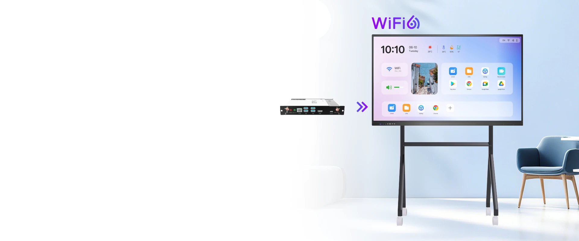 Aether Orb AI OPS module connected to interactive flat panel display in classroom